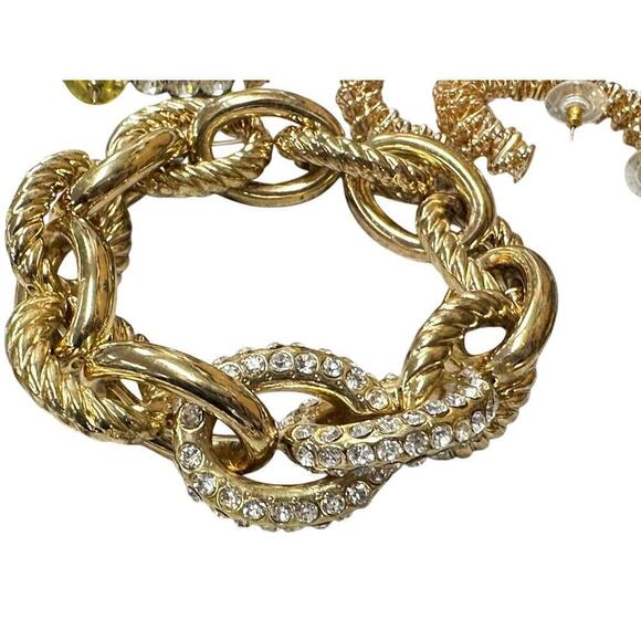 80s VTG Jewelry Lot 7 pr earrings 1 bracelet Gold Tone Rhinestones Hoops Hearts - Picture 10 of 10